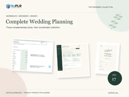 Wedding planning PLR bundle with actual Excel workbook, offline browser planner and Canva handover binder previews. USD 17.